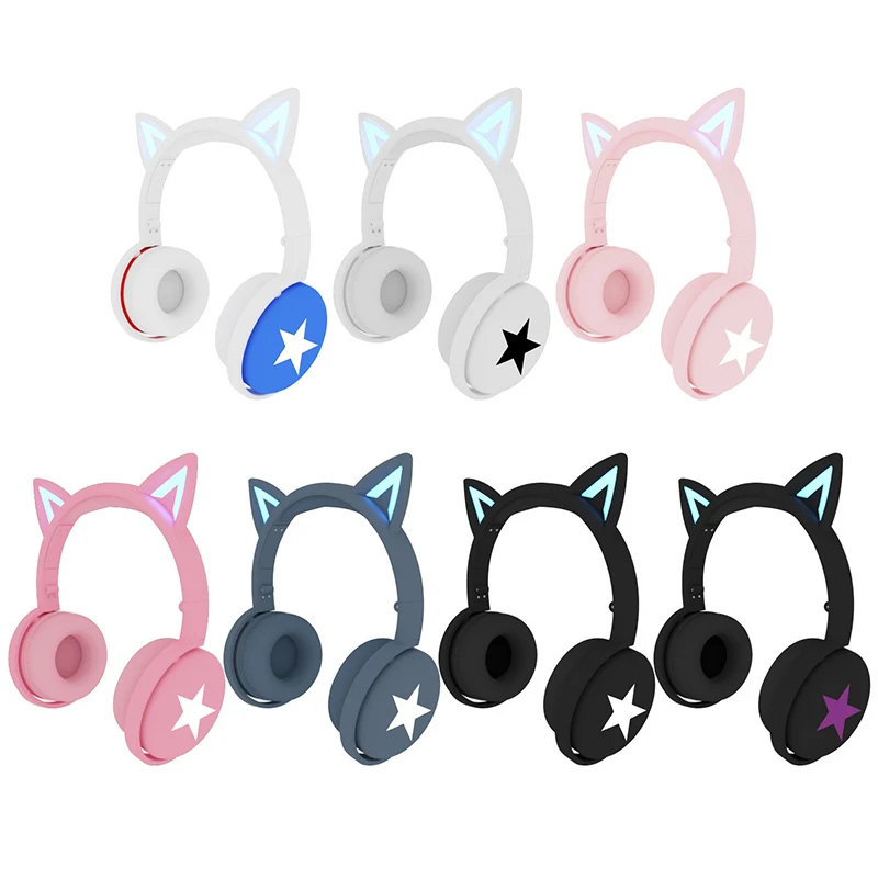 

Stereo Wireless Headphone Cat Ear Earphone Led Lights Foldable With Microphone Bluetooth 5.0 Headset For PC Laptop Phone