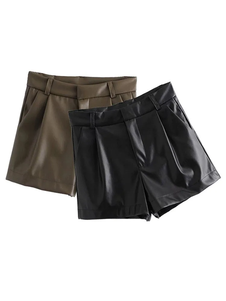 

Huaxiafan Women Chic Fashion Side Pockets Faux Leather Shorts Vintage High Waist Zipper Fly Female Short Pants Mujer
