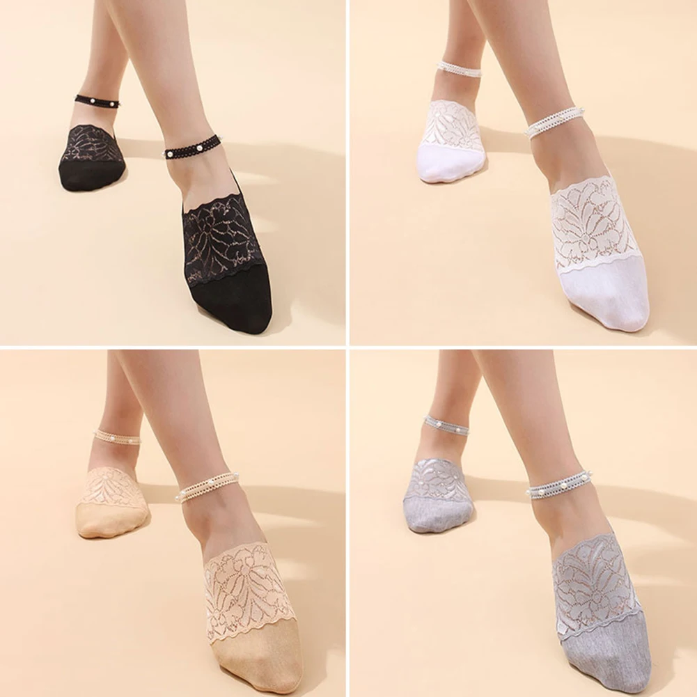 

1 Pair Fashion Floral Lace Boat Socks For Women With Pearl Spring Summer Breathable Short Socks Soft Thin Korean Style Socks New