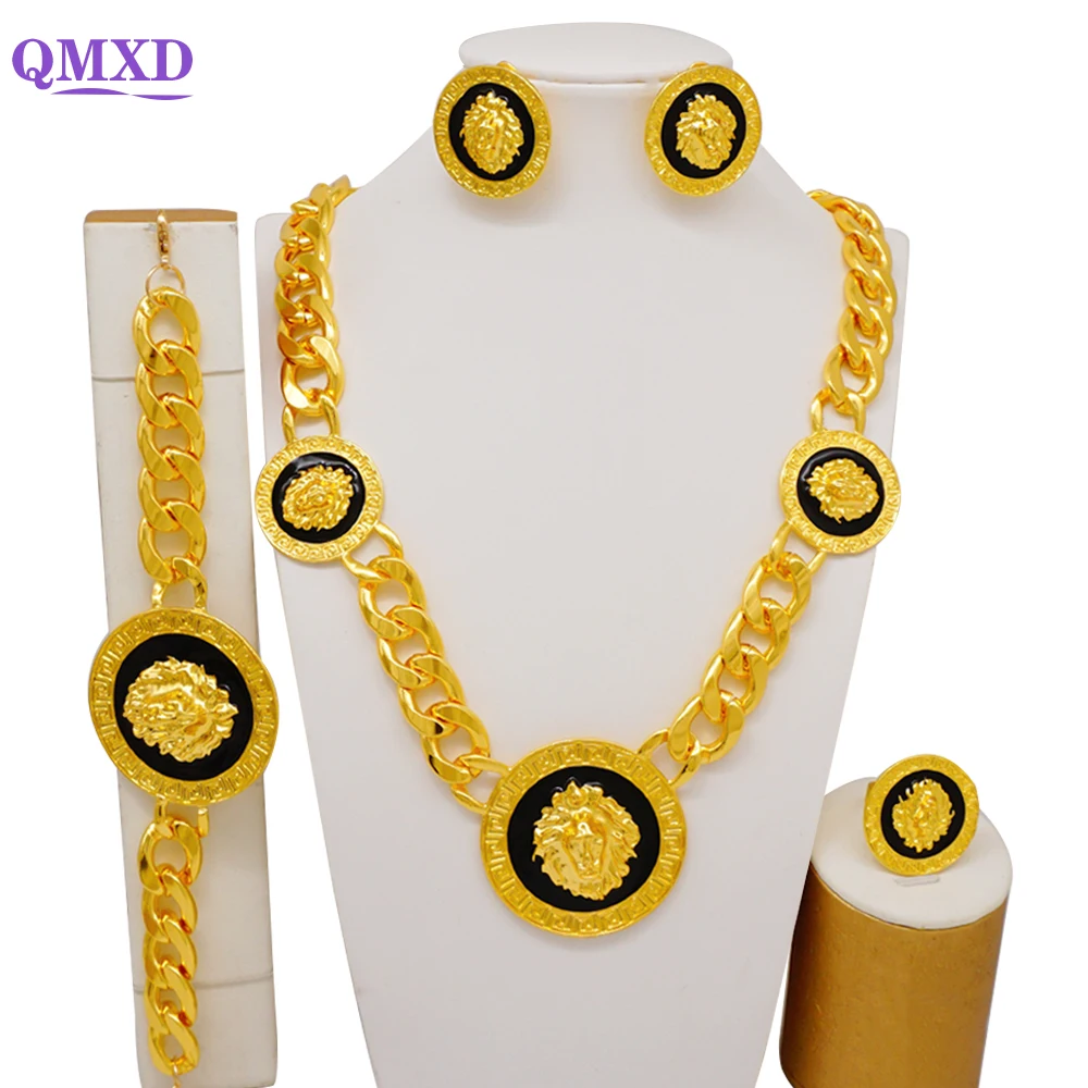 Dubai African Gold Color Jewelry Set For Women Wedding Bridal Long Necklace Ethiopia Necklace Earrings Bracelet Ring Jewellery