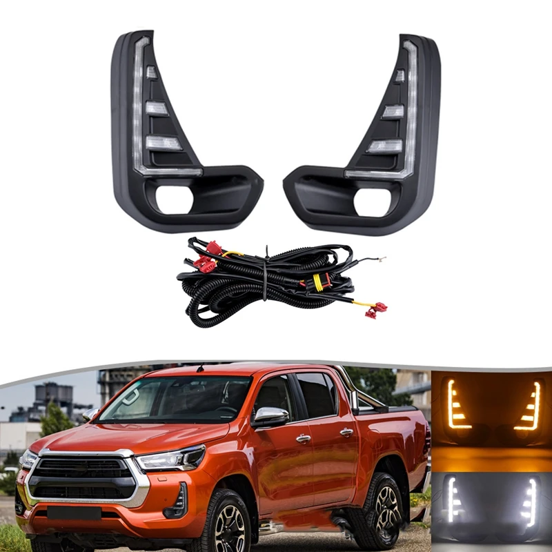 

2Pcs Dynamic LED DRL Headlight for Toyota Hilux Revo 2020-2022 LED Daytime Running Light with Turn Signal Lamp A