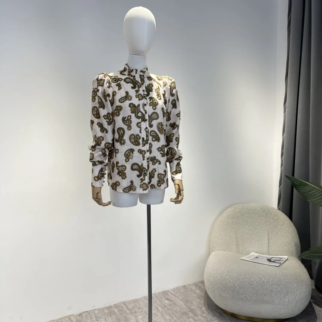 

Autumn High Quality 2022 New High Quality Ease Pure Cotton Paisley Print Beige Classical All-matching Blouse Women