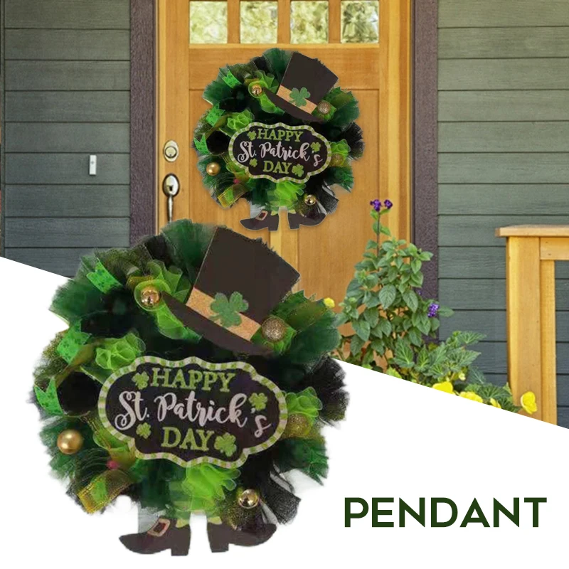 

40CM Irish Festival Wreath Clover Ribbon Garland Personalized Themed Party Hanging Ornament for Home Garden Porch Garlands