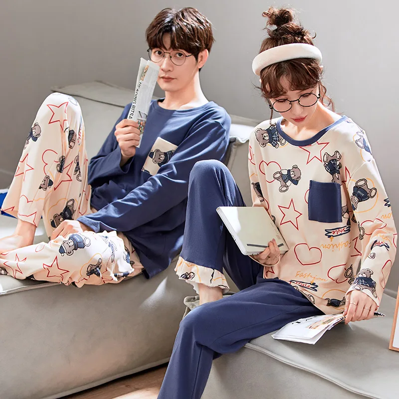 

Набор для сна для мужчин и женщин, хлопковая длинная Пижама с мультяшным принтом для пар, домашняя одежда, милые зимние штаны с карманами и м...
