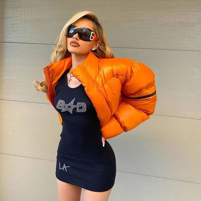 Puffer Jacket Parka Zip Up Cotton Jackets 2022 Winter Clothes Ski Suit Orange Bubble Coat Warm Solid Color Casual Street Outwear