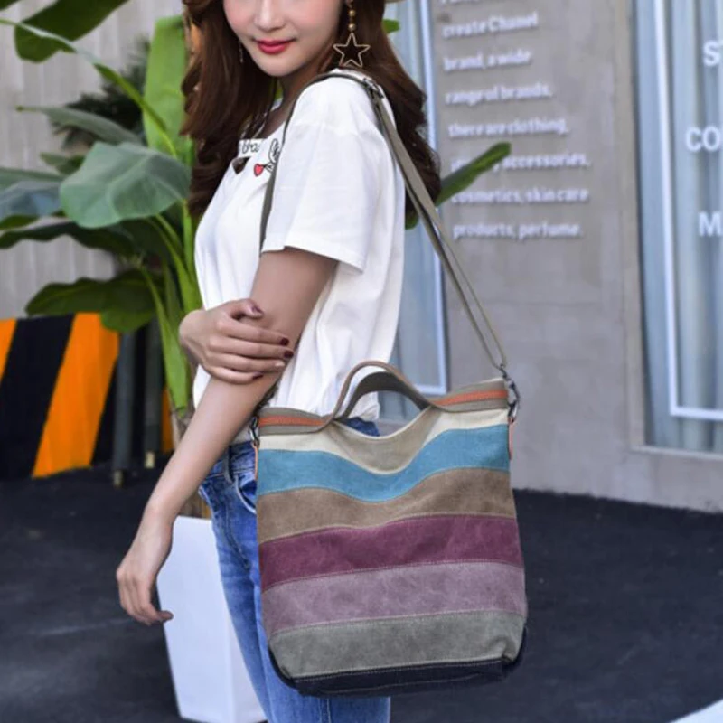Bags for Women 2022 Striped Canvas Shoulder Bag Reusable Shopping Casual Tote Female Handbag for Certain Number of Dropshipping