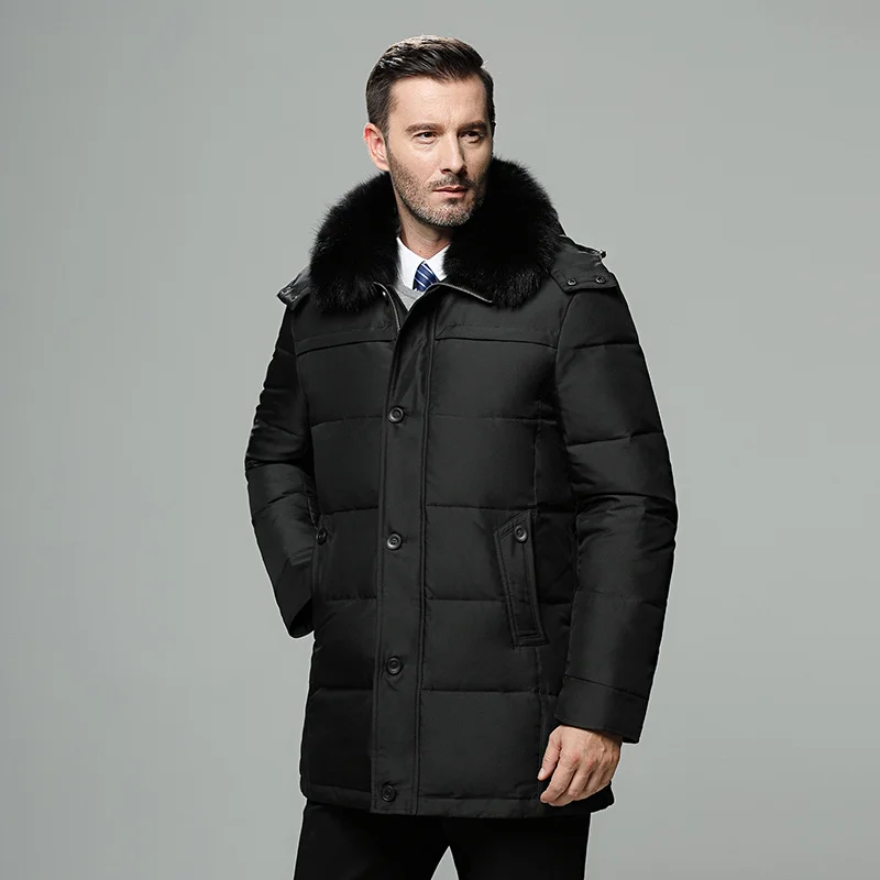 

Brand Men's Winter Jacket Russia Long Coat Hat Fur Collar Thick Windproof Waterproof 90% White Duck Down Jacket Men -30 Degree