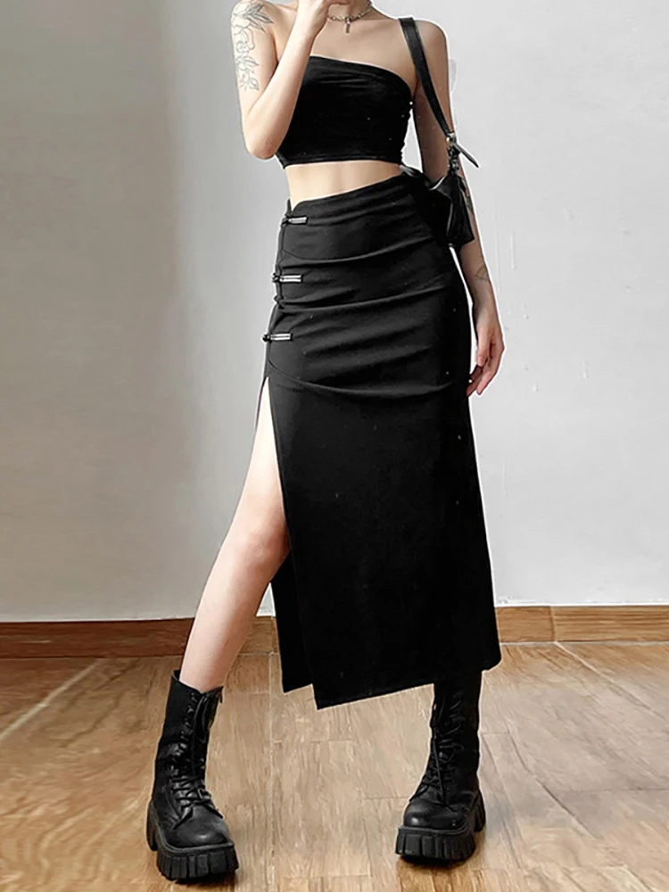 Женская уличная юбка Goth Dark, черная юбка-карго Y2k, готическая юбка средней длины с разрезом и высокой талией, корейская мода на осень