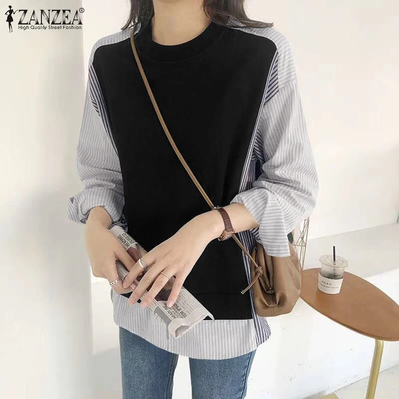 

ZANZEA Elegant Oversized Striped Patchwork Blouse Women Casual Long Sleeve O Neck Shirt Printed Holiday Chemise Autumn Tunic Top