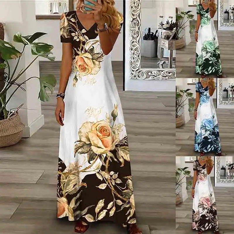 

Vintage Print V-neck Short Sleeve Dress Women Summer Beach Style 2023 New Fashion Casual High Waist Bohemia Large Swing Dresses