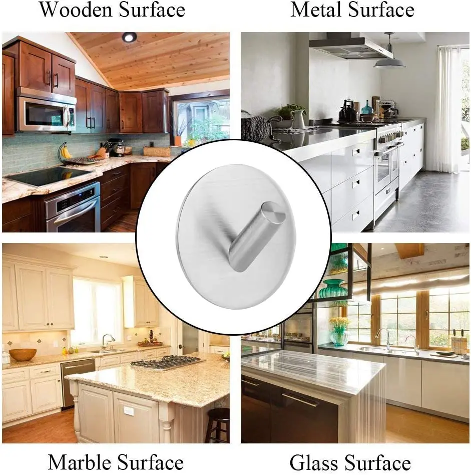 

Round Adhesive Hooks Self Adhesive Wall Mounted Hangers for Bathroom Kitchen Doors, Heavy Duty Brushed Stainless Steel