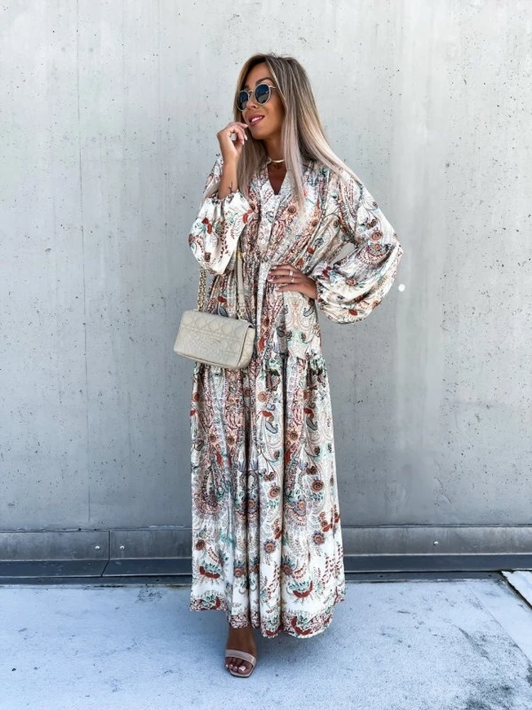 

Spring Fall V Neck Long Sleeve Floral Print White Dresses Women Boho Beach Vacation Casual Loose Long Dress Vestidos Mujer