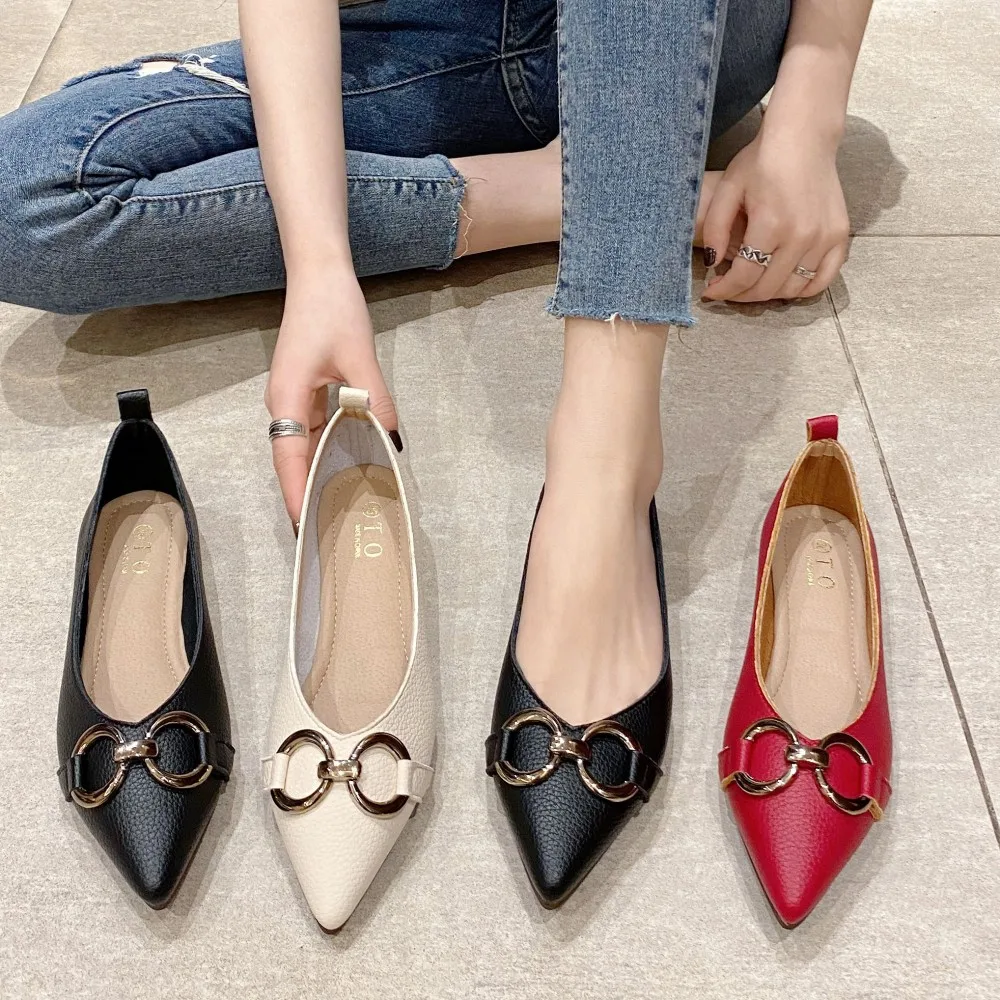New Arrival Pointed Toe Women's Flat Shoes 2022 Metal Button Shallow Office Ladies Soft Work Ballet Flats Single Shoes Black