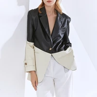 pu leather blazers black contrast beige loose patchwork suits women long sleeve single button blazer office lady work clothing