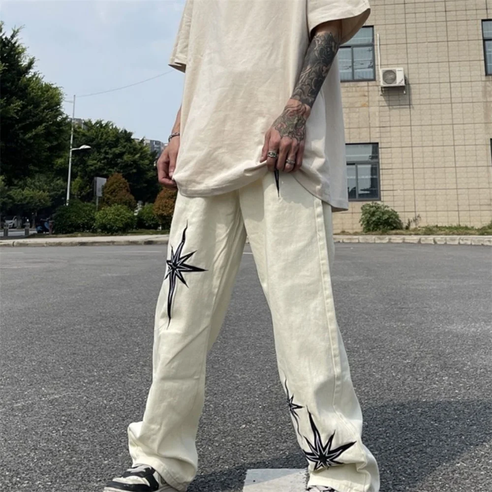 Men's Jeans Y2K Retro Embroidered Denim Trousers High Street Wide Leg Pants Street Loose Casual Jeans Letter Patch Pants Men