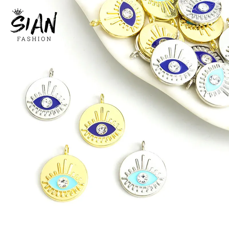 

10pcs Enamel Blue Turkish Evil Eye Alloy Pendants Crystal Rhinestone Round Lucky Charms DIY Jewelry Making Necklace Earrings