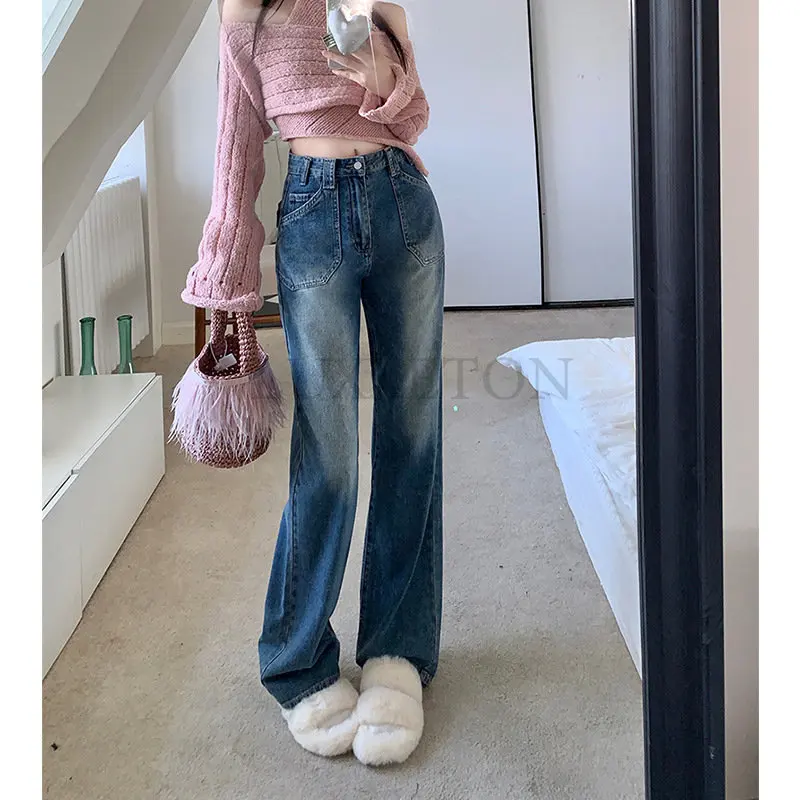 

Джинсы женские Y2k с широкими штанинами, джинсы МОМ с завышенной талией, модные брюки из денима в Корейском стиле, синие Большие Штаны