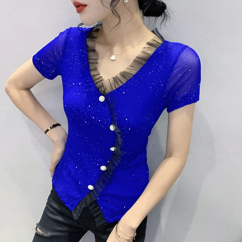 

Summer New 2022 Women's T-Shirt Fashion Casual Short Sleeved V-Neck Solid Color Top Female Plus Size Blusas