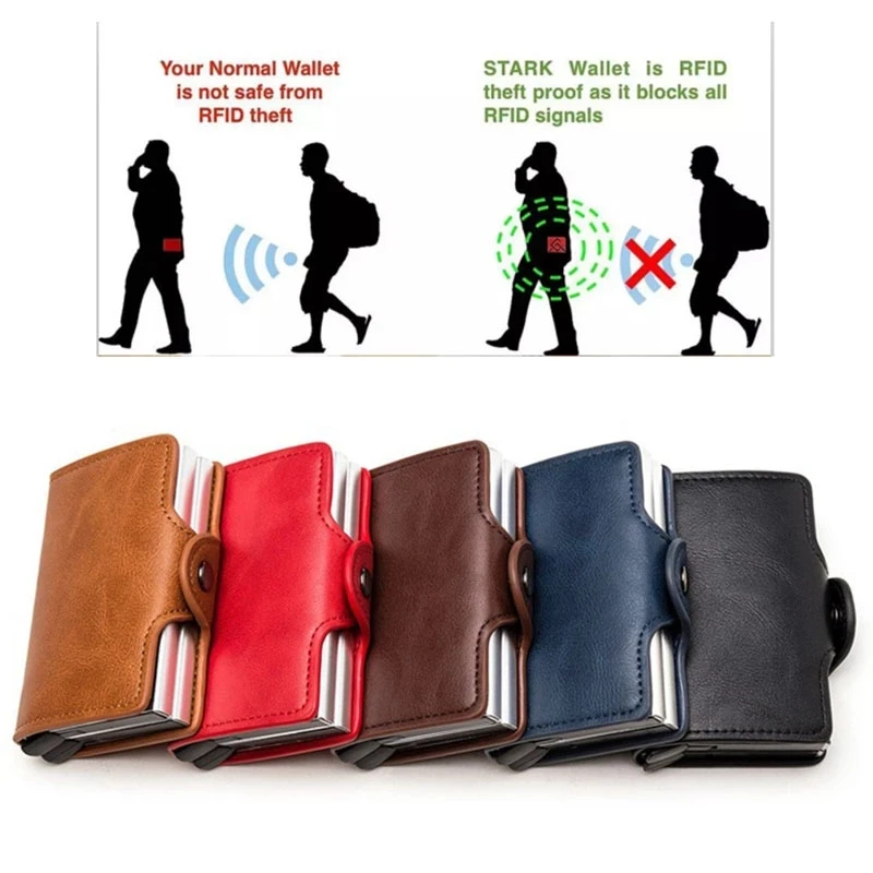 

Business Credit Card ID Badge Holder RFID Carbon Fiber Leather Double Box Metal Wallet Card Holder for Men and Women