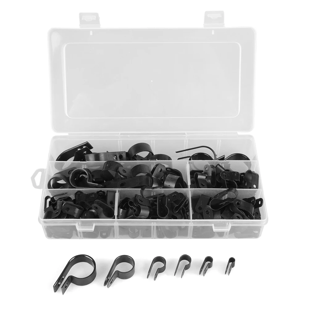 

200Pcs Black Nylon Plastic P Clips Clamp Assortment Kit for Wire Cable Pipe