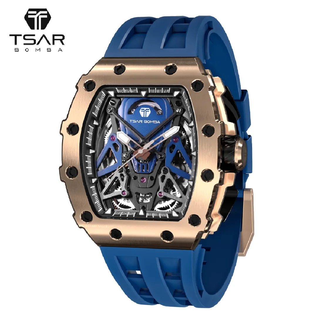 

TSAR BOMBA Mens Automatic Watch Fashion Tonneau Clock Waterproof Luxury WristWatch Skeleton Mechanical Watch for Men