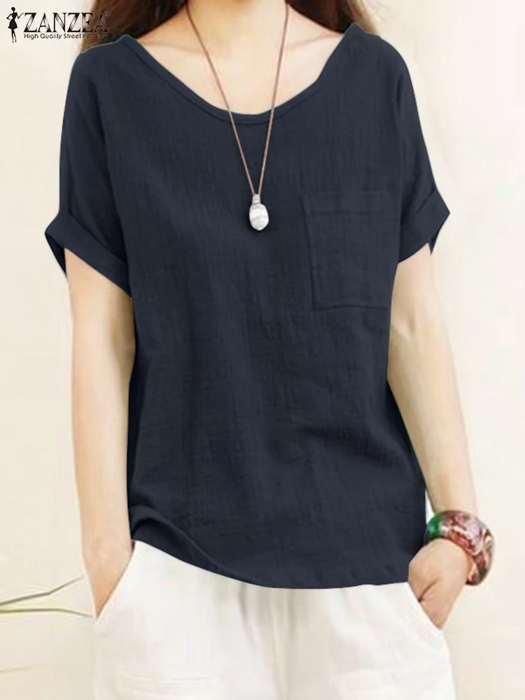 

Женская летняя однотонная блузка ZANZEA, хлопковые мешковатые рубашки с коротким рукавом и круглым вырезом, модные элегантные праздничные пов...