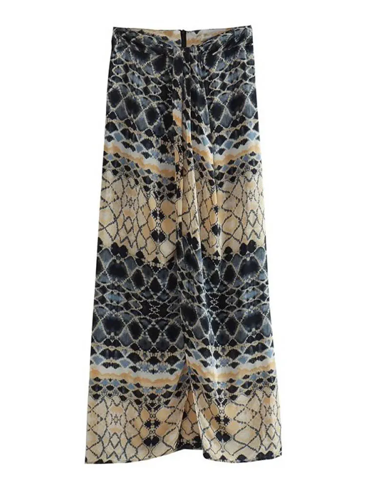 

Kumsvag 2023 Women Summer Print Skirts Fashion Loose Drawstring Bow Split Female Elegant Street Mid-Calf Skirt Clothing