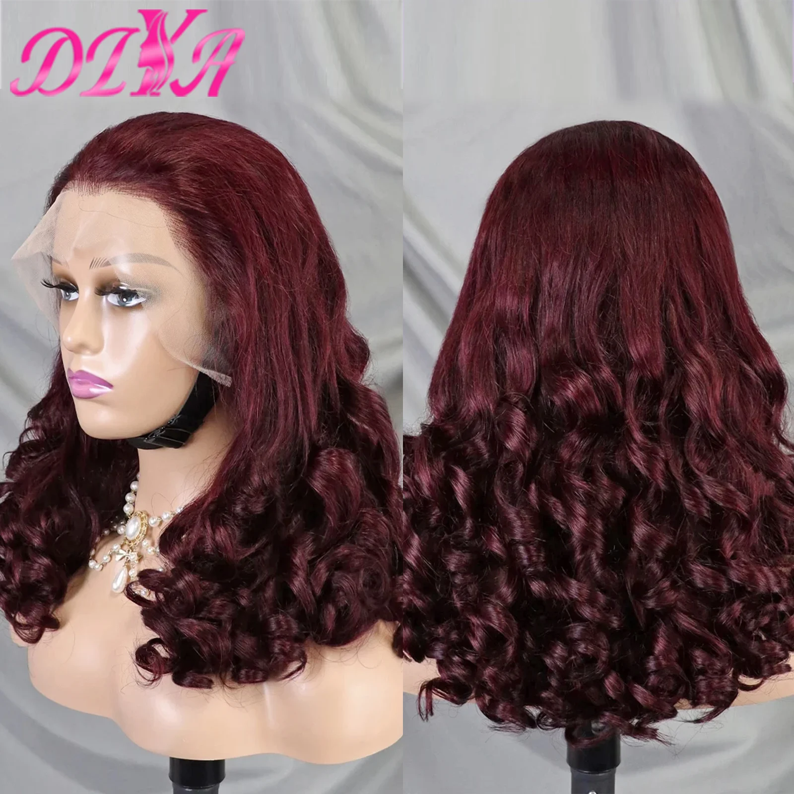 300% плотность бордового цвета свободные волнистые фронтальные парики 13x4 HD