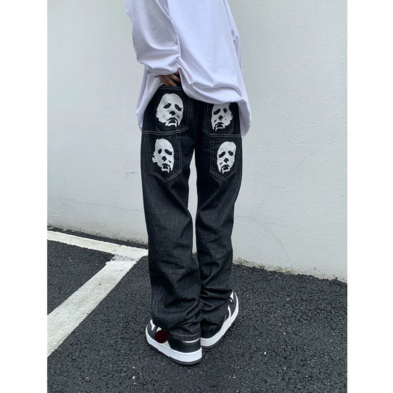 

European and American high street hip-hop loose all kinds of printing straight wide leg jeans retro Harajuku jeans unisex