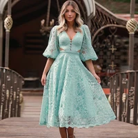 womens elegant vintage v neck lantern sleeve floral lace swing a line party dress