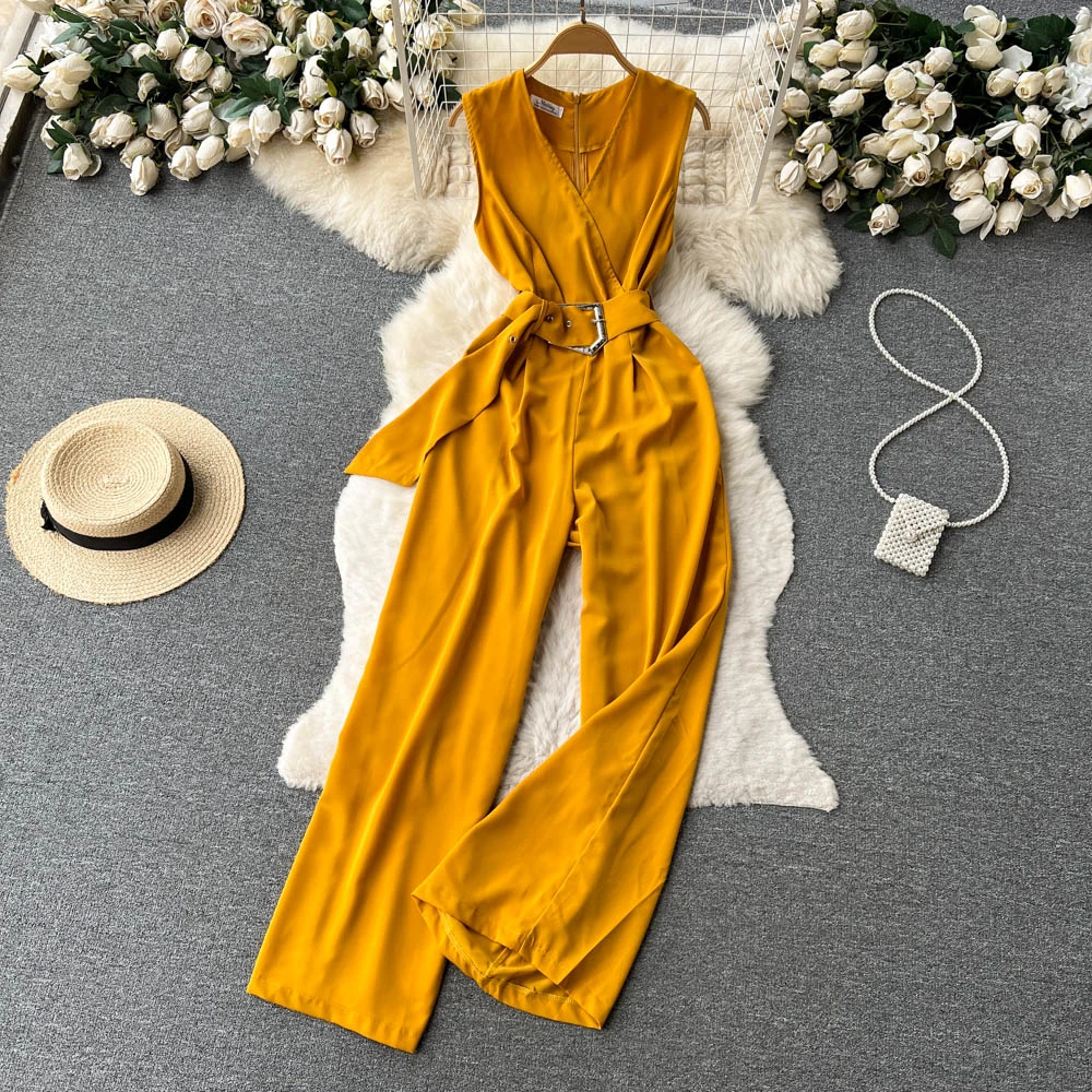 Clothland Women Elegant Sleeveless Jumpsuits V Neck Candy Color High Waist Belt A Line Summer Casual Long Playsuits KA295