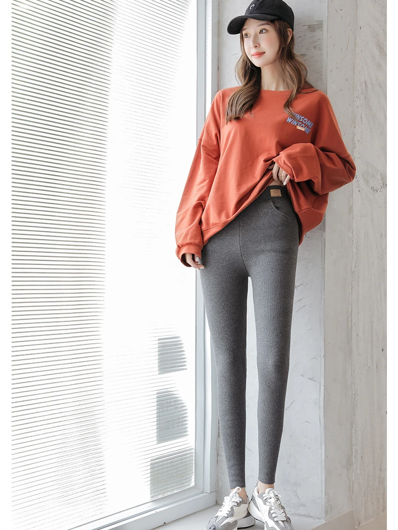Autumn and Winter Plus Velvet Leggings Lamb Velvet Thickened Outer Wear Thread Thin Pockets High Waist Warm Cotton Trousers