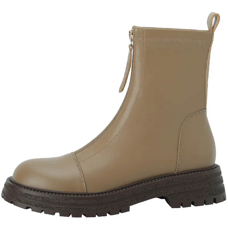 

Dilalula Round Toe Thick Heels Women Ankle Boots Autumn Winter Working Outdoor Casual Genuine Leather Front Zipper Shoes Woman
