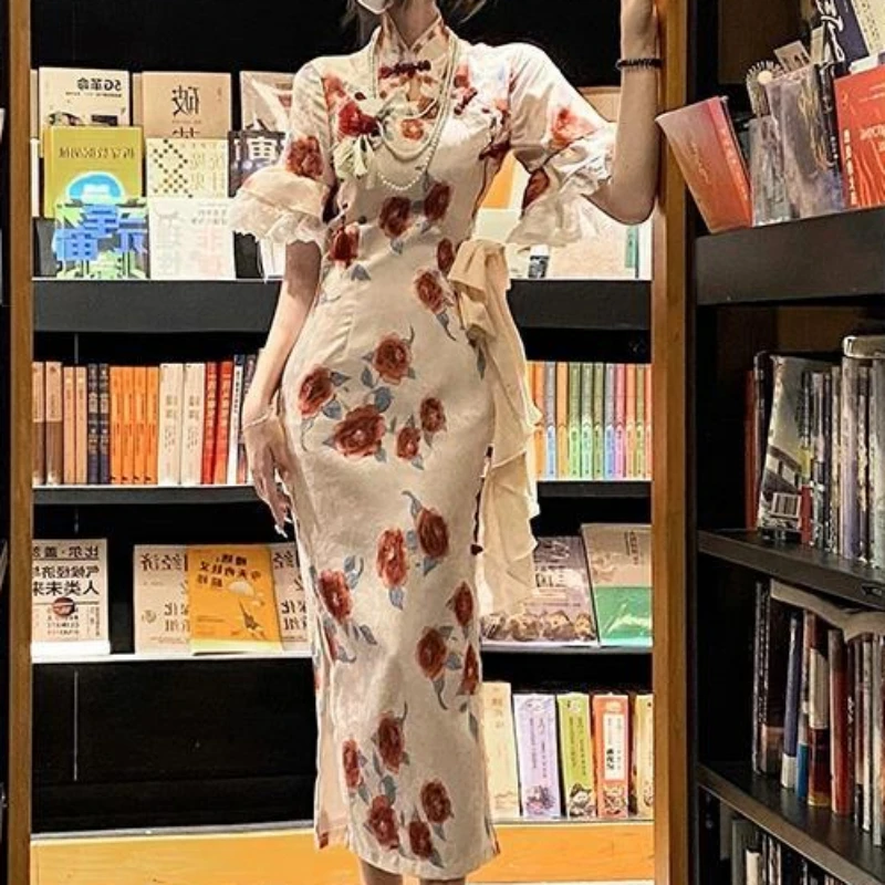 

French Floral Cheongsam Modified Dress 2023 Women's Clothing Summer Retro Traditional Chinese Dress Qipao Chi-pao