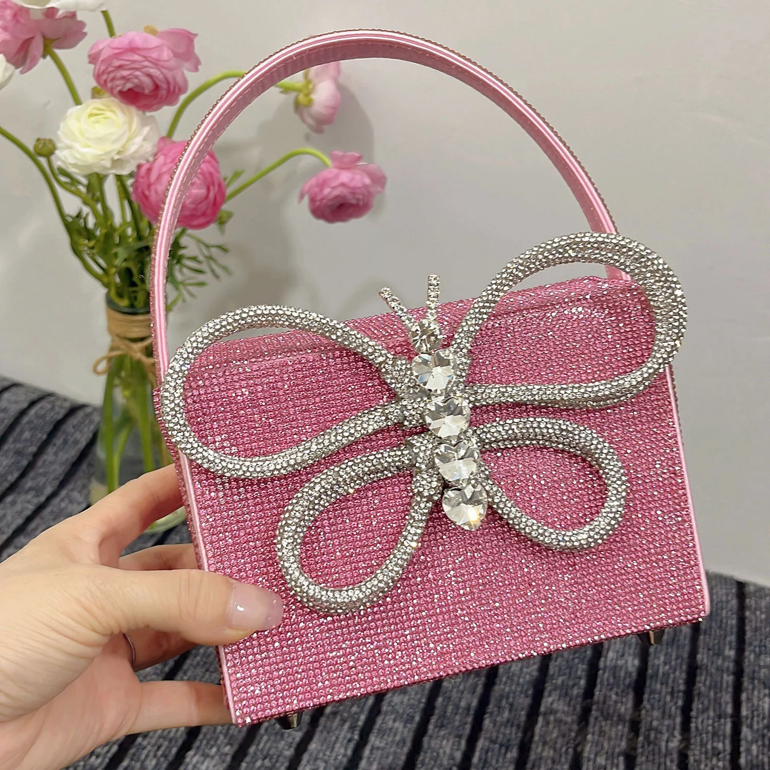 

Luxury Diamonds Bow Box Evening Bag Designer Rhinestone Beading Women Handbags Shinny Shoulder Crossbody Bag Small Flap Purses