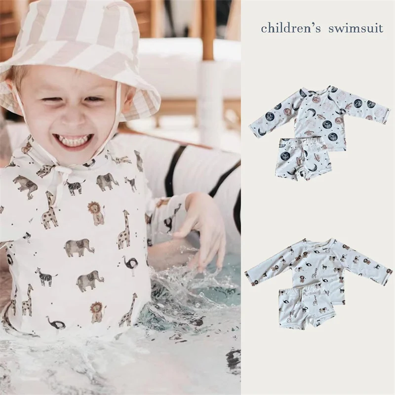 

Baby Swimsuits With Cap Boys Girls Swimwear Infant Long Sleeves Swimming Suits Kids Printed Bathing Suit Child 2pcs Beachwear
