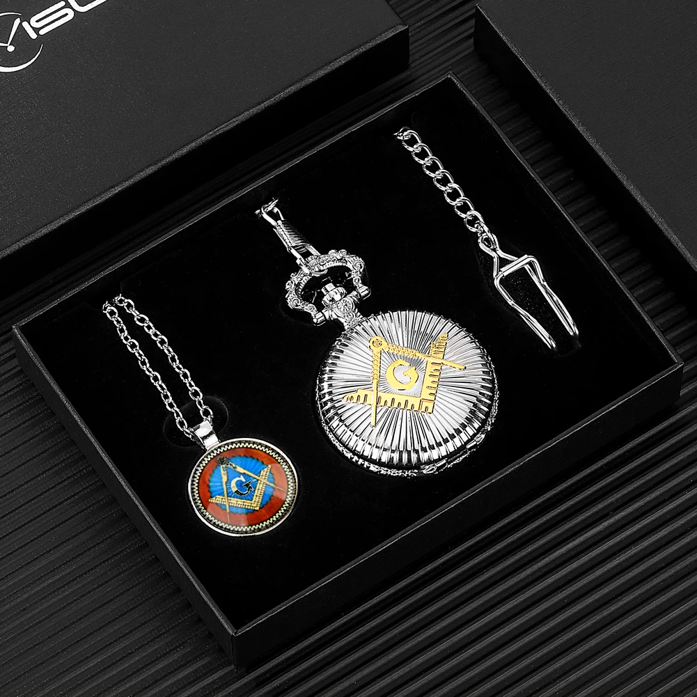 Quartz Pocket Watch Freemason Men Pocket Watch Pendant Necklace Luxury Souvenir Gift Sets for Men Fob Clock Rreloj De Bolsillo