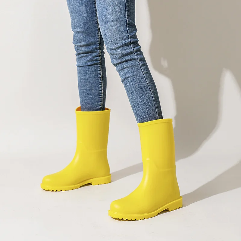 Women Solid Color Mid-Calf Rain Boots Outdoor Non-slip Waterproof Work Shoes Female Platform PVC Water Boots