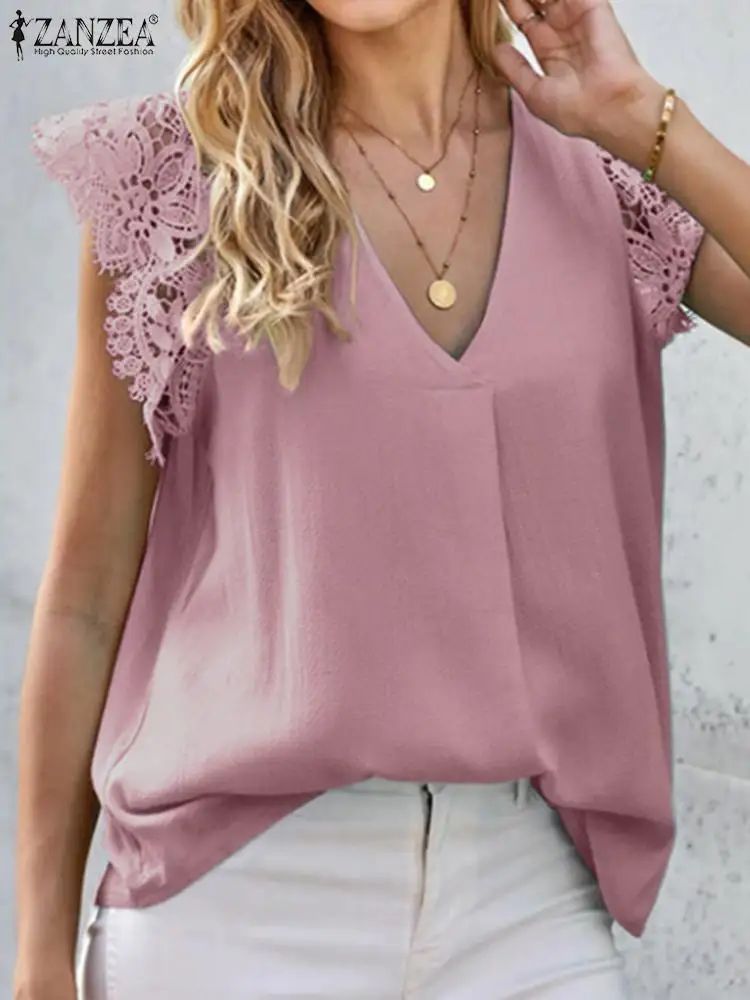 

ZANZEA Summer Lace Crochet Blouse Women Elegant V Neck Sleeveless OL Work Shirt Casual Patchwork Tops Fashion Blusas Overszie