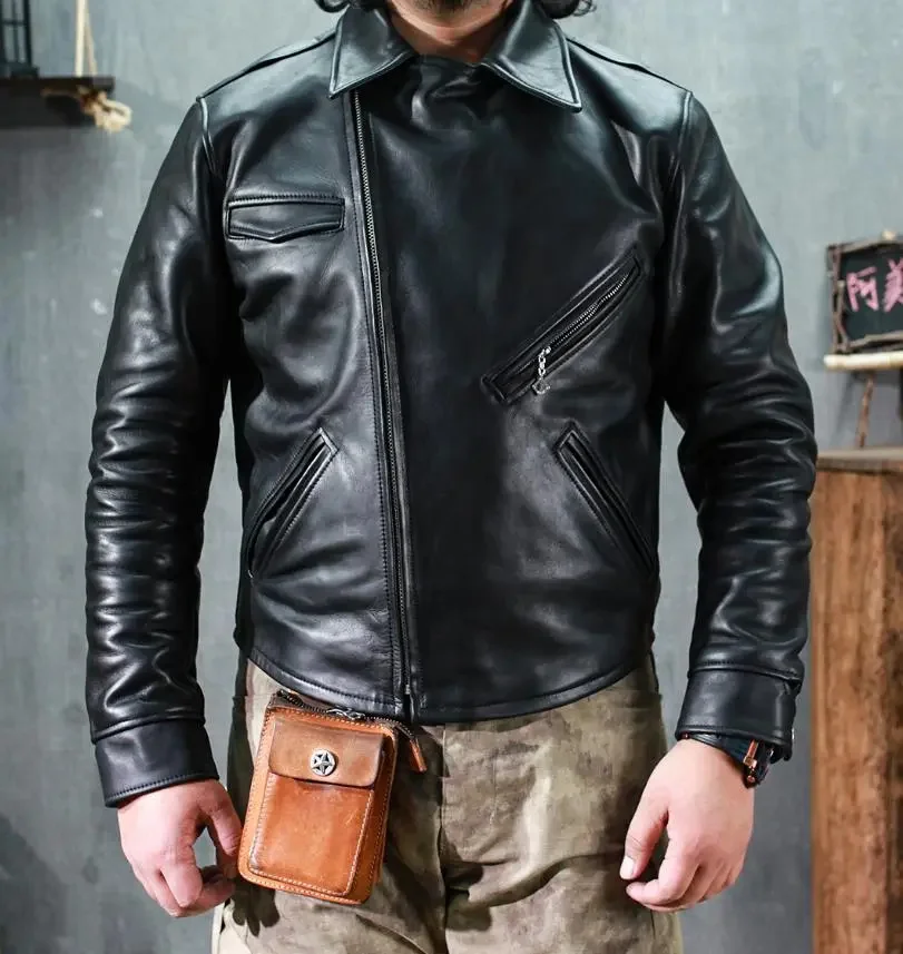 

YR!Free shipping.1.5mm Japanese vegetable tanned uncoated cowhide jacket.popular rider quality leather coat.soft slim fit cloth