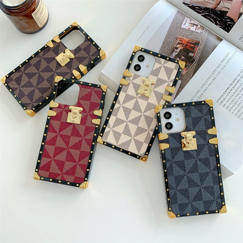 

Geometric Square PU Leather Phone Case for iPhone 13 12 11 14 Pro Max XS XR Plus Fashion Luxury Designer Soft Silicone Cover