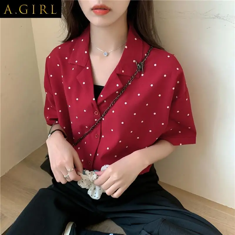 

Shirts Women Simple Polka Dot Turn-down Collar Half Sleeve Holiday Street All-match Retro Clothing Mujer Tops Loose Comfortable