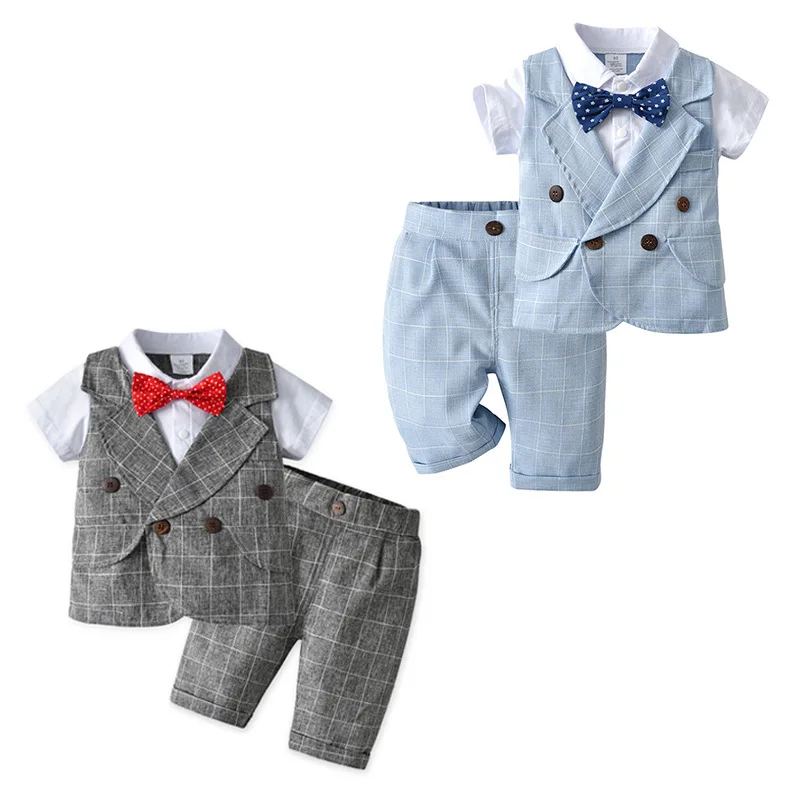 

Infant Children's Clothing Boy Formal Suit Short Sleeve Two-Piece Clothes Set British Style Classical Plaid Boy's Birthday Dress