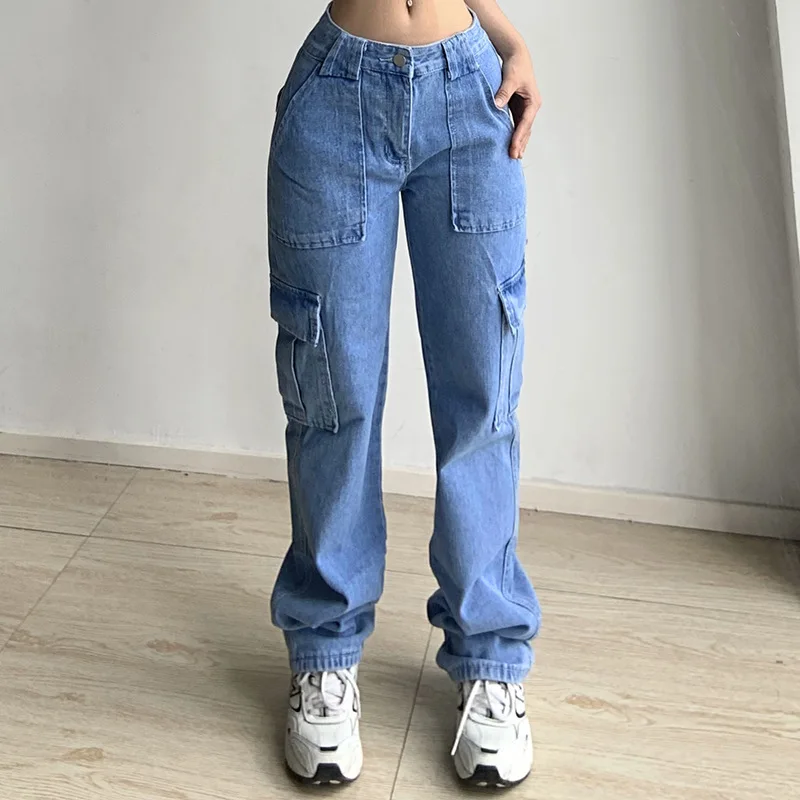 Multi Pocket Tooling Denim Trousers Women Korean Fashion Trendy Jeans Mid Waist Large Pockets Denim Pants Y2k Baggy Cargo Pants