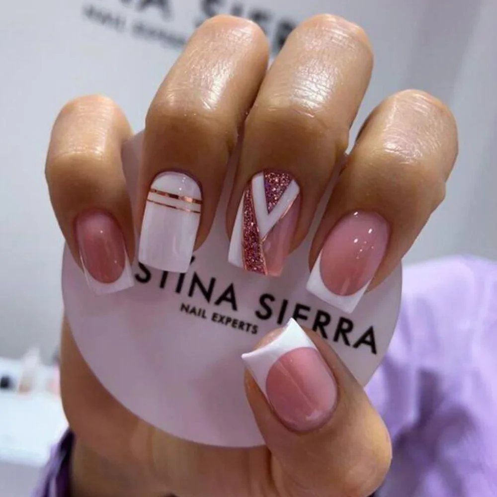 

24Pcs French Fake Nails with Geometry Design Glitter Removable False Nails Short Square Press on Nails Full Cover Nail Tips