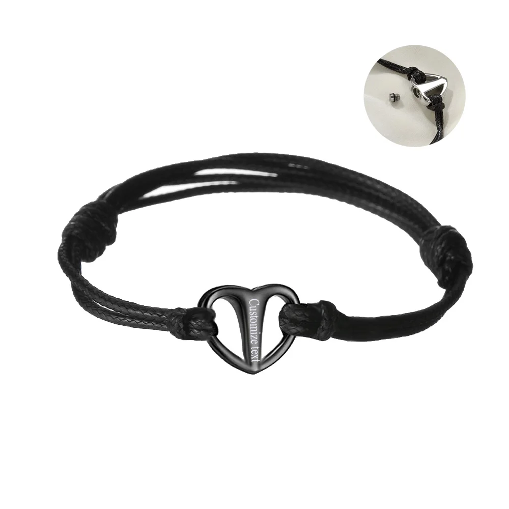 Custom Text Stainless Steel Heart Urn Ashes Memorial Jewelry Bracelets For Adjustable Rope Bracelet Length 17cm-25cm Unisex