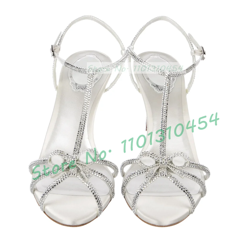 Сандалии женские атласные на высоком каблуке туфли-лодочки с кристаллами бантом