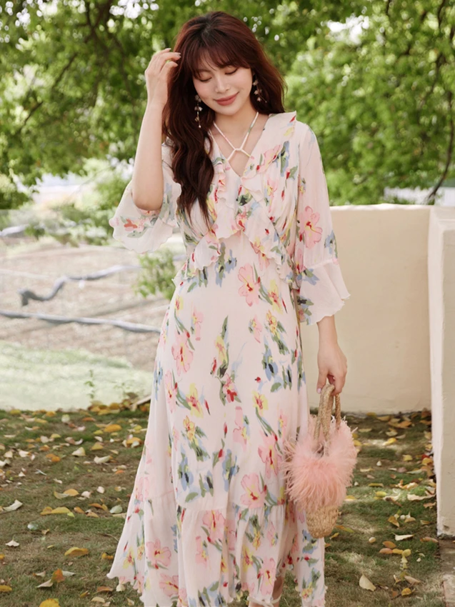 

Spring New Chiffon Girlish V-Neck Long Dress Necklace Tie Sweet Flounces Fresh Romantic Printed Gentle Temperament Cozy Vestidos