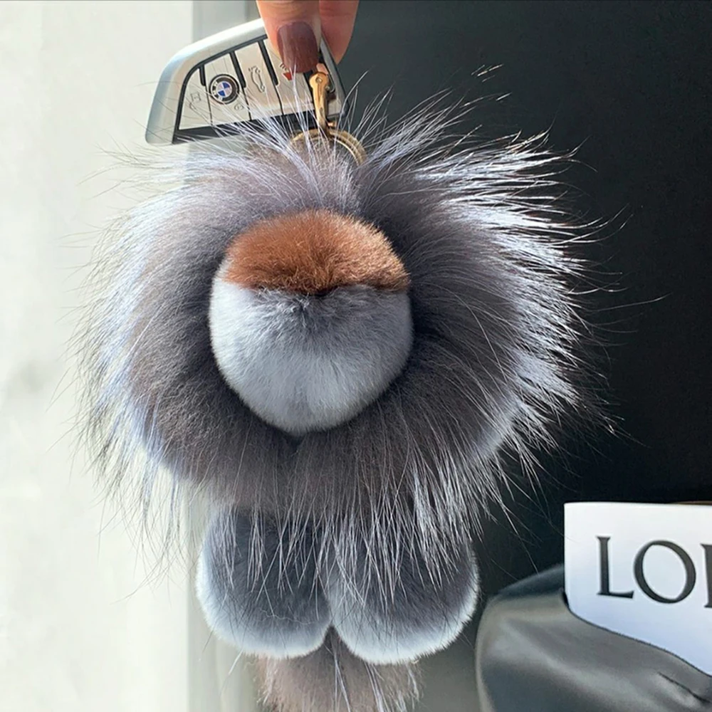 Роскошный брелок с подвеской из натурального меха кролика рекс и льва плюшевая