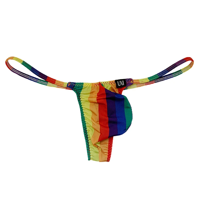 New sexy men's string pouch gay underwear Thin Belt Stretch Ice Silk Panty Printed plaid rainbow comfortable thong sissy